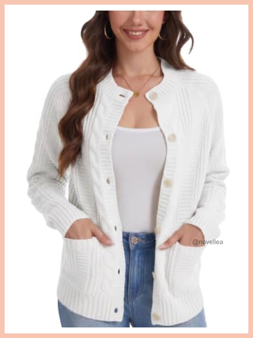 Cable Knit Button Down Cardigan with Pockets Crew Neck Long Sleeve Sweater